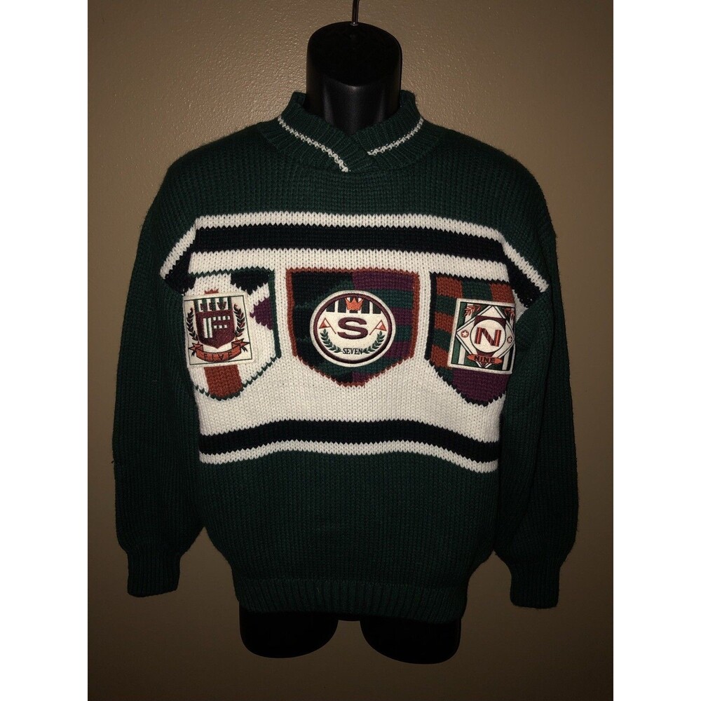 VTG 80s EXTRA Preppy Sweater Nine Seven Five Patches Small Edison Bros Stores